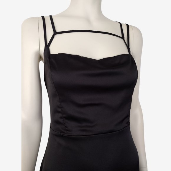 Forever 21 Black Silky Satin Strappy Cowl Neck Mini Sheath Dress Size L - Picture 8 of 12